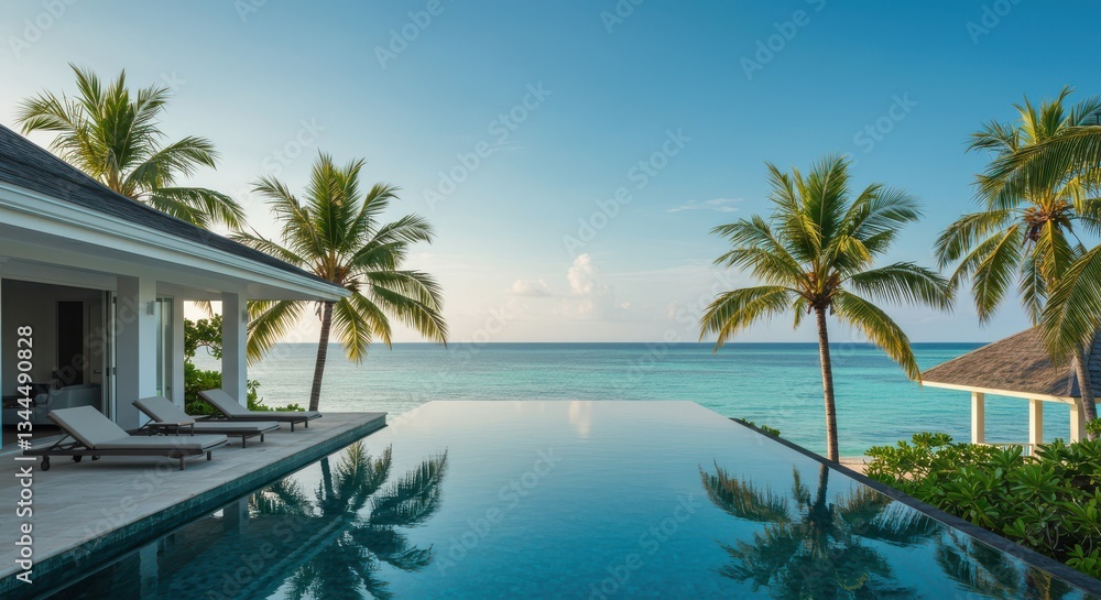 Fototapeta premium Infinity Pool Overlooking Ocean with Palm Trees in Tropical Setting
