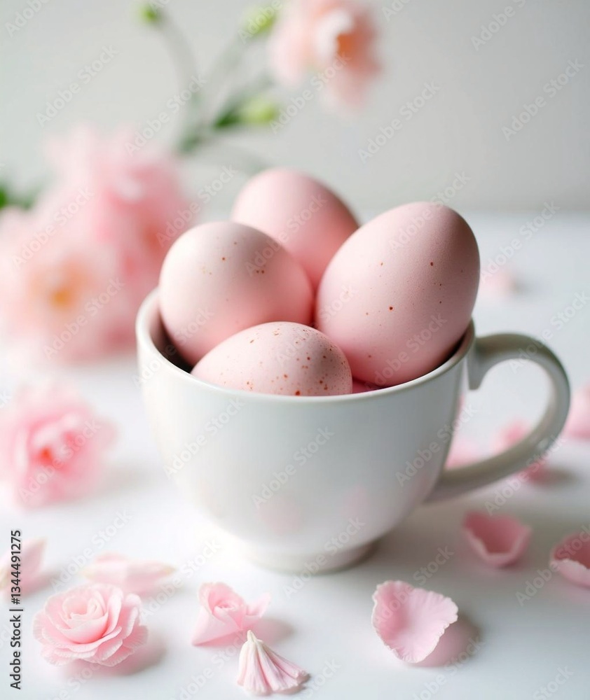 A delicate arrangement of soft pink eggs in a white cup, surrounded by pastel pink flower petals for a serene, springtime feel. A delicate arrangement of soft pink eggs in a white cup, surrounded by pastel pink flower petals for a serene, springtime feel.