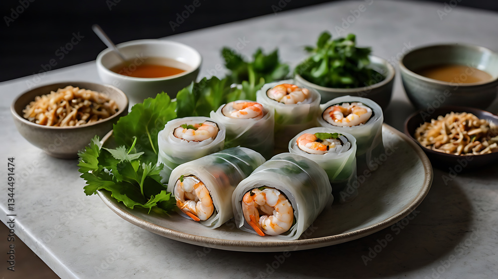 Delicious Shrimp Spring Rolls on Plate with Peanut Sauce and Greens Delicious Shrimp Spring Rolls on Plate with Peanut Sauce and Greens