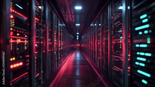 Futuristic server room illuminated with neon lights and data processing glow