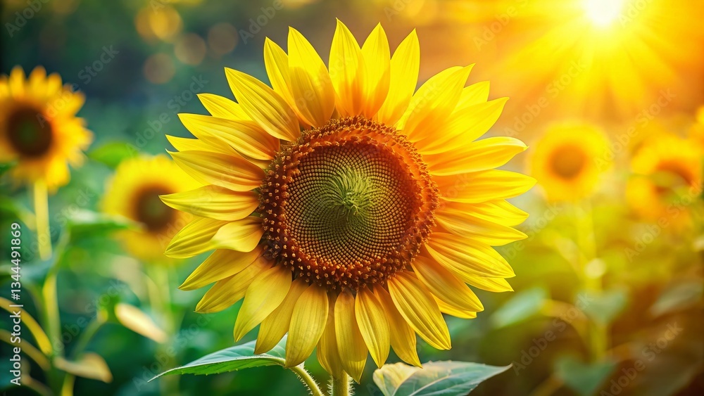 Obraz premium Vibrant Yellow Sunflower Close-up: Sunlit Petals & Blurred Green Background - Stock Photo