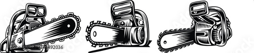 Chainsaw Silhouette Vector Set, Black and White Lumberjack Tool Icons