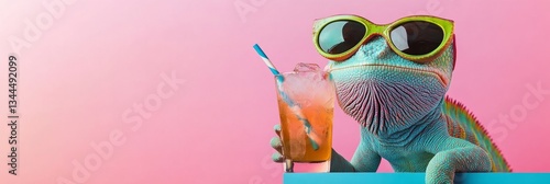 Cool chameleon sipping a cocktail wearing sunglasses, embodying summer vibes on a vibrant pink backdrop