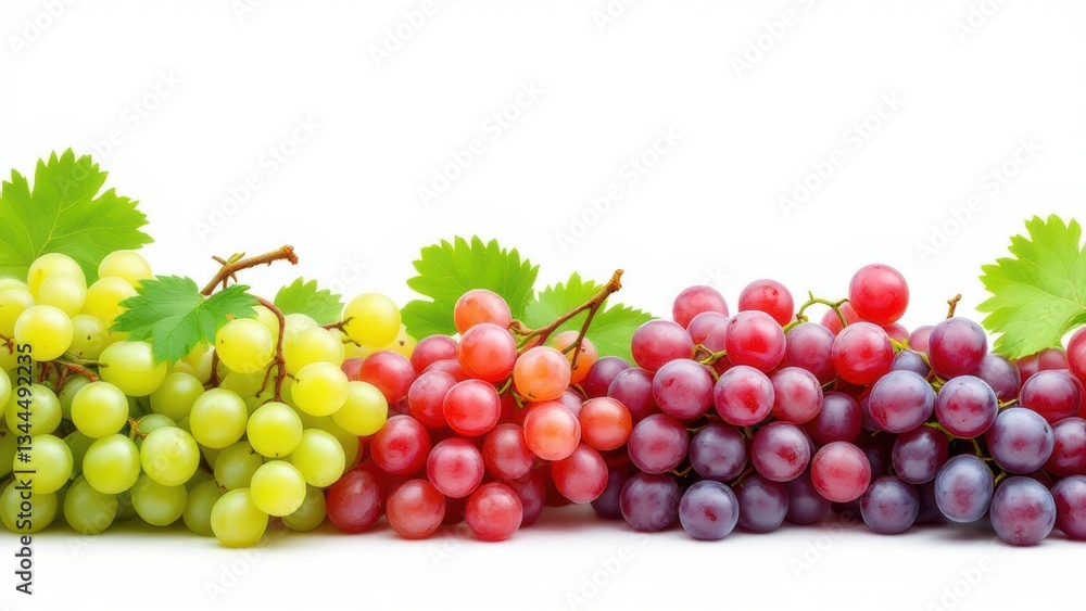 Fototapeta premium grapevine fruits and leaves as border on white background with copy space