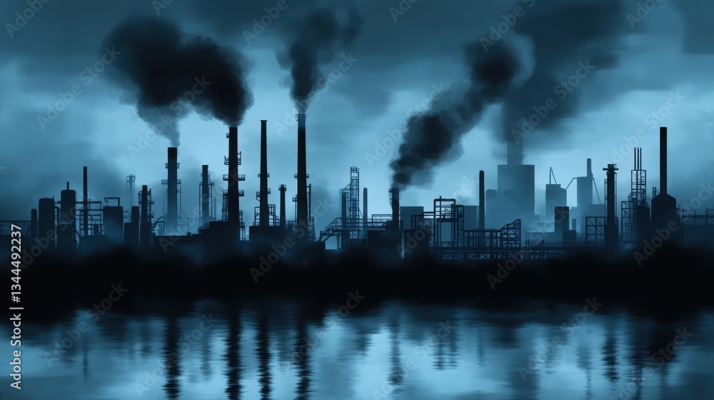 Fototapeta premium An industrial complex spewing smoke over the reflective water below