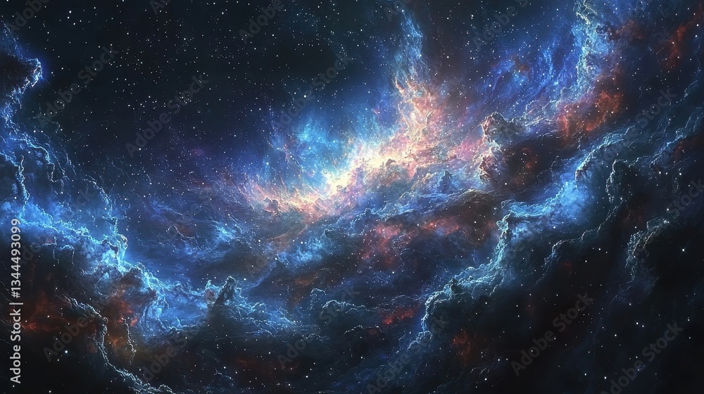 Fototapeta premium Vibrant cosmic nebula with swirling colors and stars in the dark universe