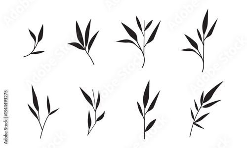 Collection of bamboo silhouettes on white background. Bamboo trunk, branches and leaves. Vector illustration.