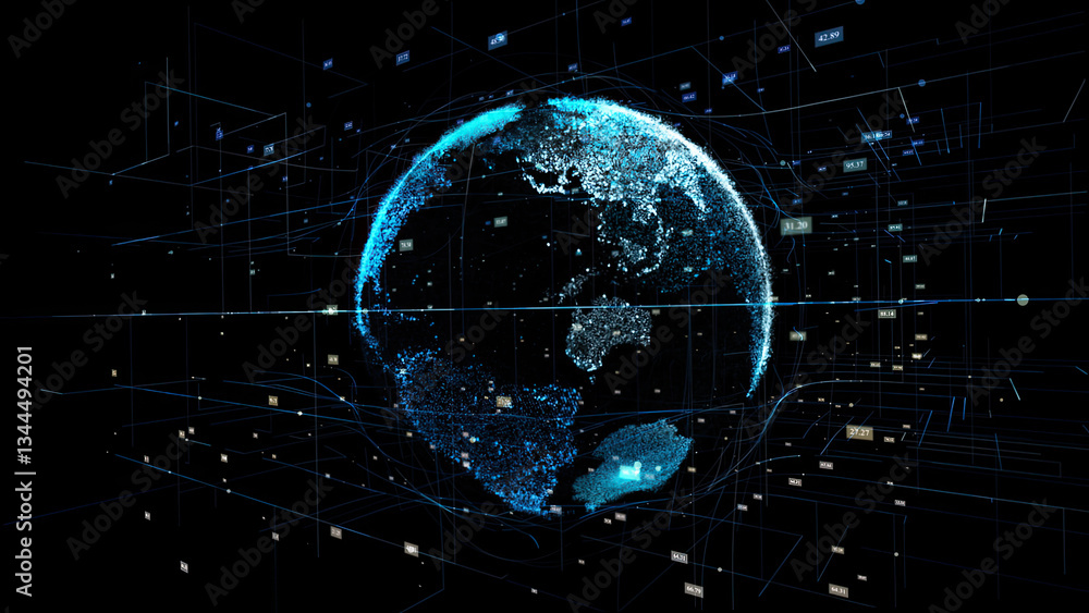 Business scientific global network, World digital grid data communication. Digital earth future HUD technology background Concept.