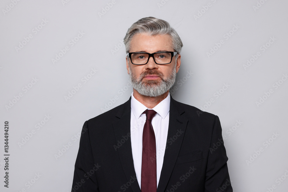 Portrait of banker in jacket on grey background Portrait of banker in jacket on grey background
