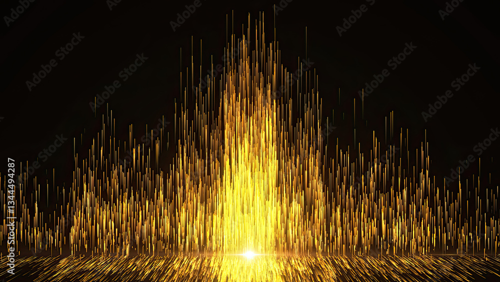 Golden dust sparkling and luxury particles raising. Abstract elegant golden glowing lines going up with glowing lighting effect and floor reflection on black background.
