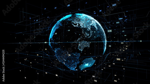 Obraz na płótnie Business scientific global network, World digital grid data communication. Digital earth future HUD technology background Concept. w salonie
