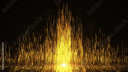 Obraz na płótnie Golden dust sparkling and luxury particles raising. Abstract elegant golden glowing lines going up with glowing lighting effect and floor reflection on black background. w salonie