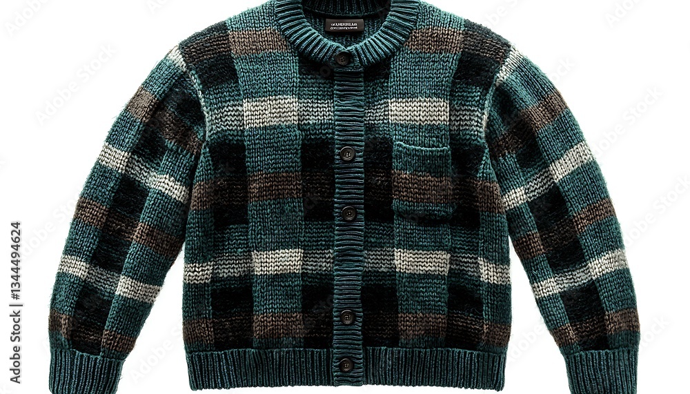 A patterned wool cardigan featuring button closures and a pocket