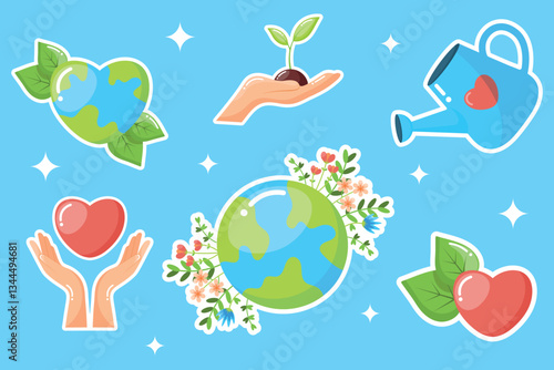 Earth day stikers isolated on blue background. Decorations for earth day celebration or ecological events. Stickers with Earth, sprout,flowers, watering can, hands, heart, leaf. Vector illustration.