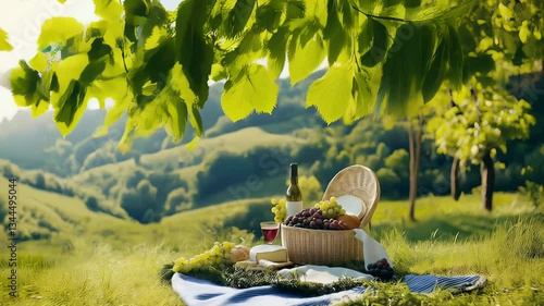 Picturesque outdoor picnic with wine cheese and grapes set against a lush green hillside vista