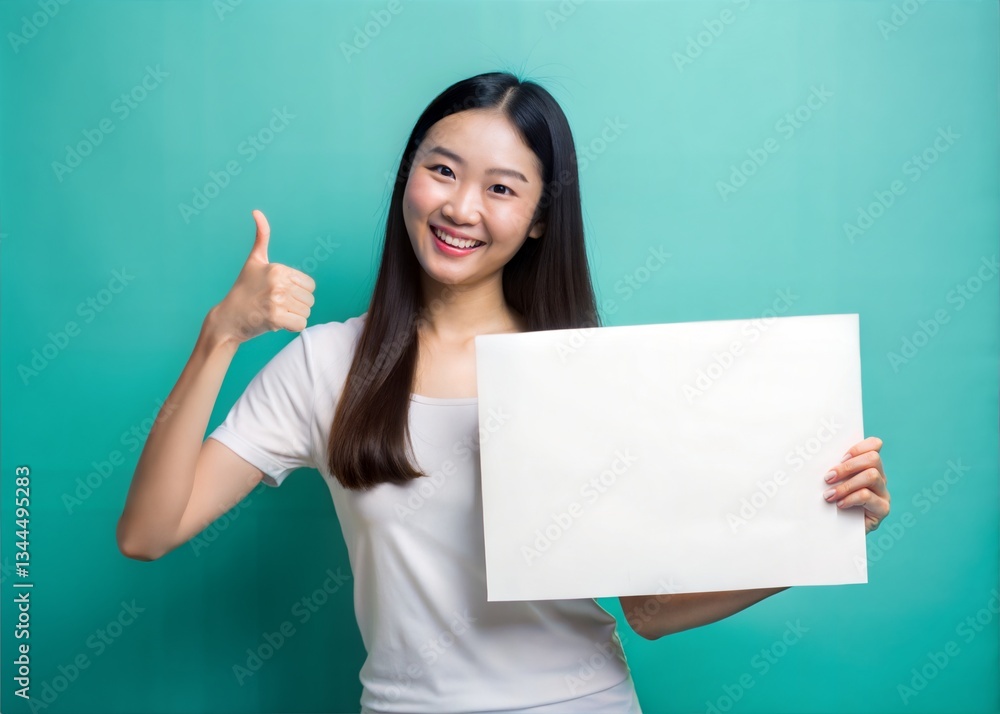 Happy Asian Woman Holding Blank Sign, Ready for Customization Happy Asian Woman Holding Blank Sign, Ready for Customization