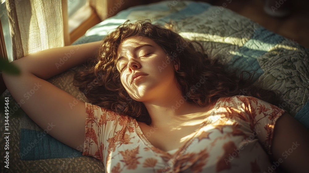 Obraz premium Young Woman Resting Peacefully on a Colorful Quilt with Sunlight Streaming Through Window