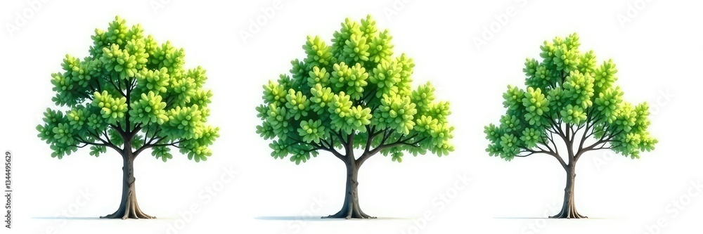 Fototapeta premium Three isolated branches on a white background with varying shades of green, monochromatic, tree