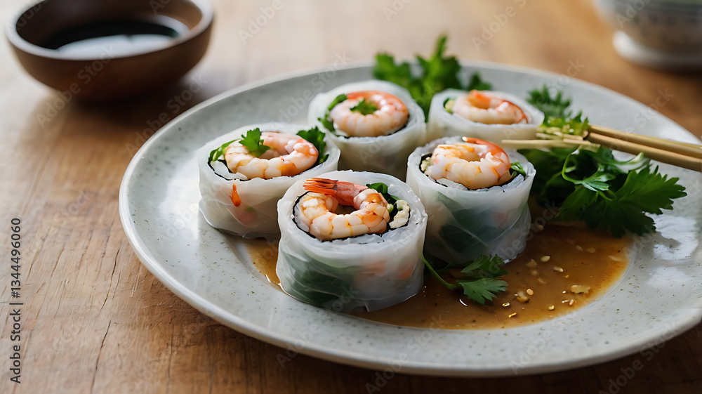 Enjoying Fresh Shrimp Spring Rolls with Dipping Sauce on Wooden Table Enjoying Fresh Shrimp Spring Rolls with Dipping Sauce on Wooden Table