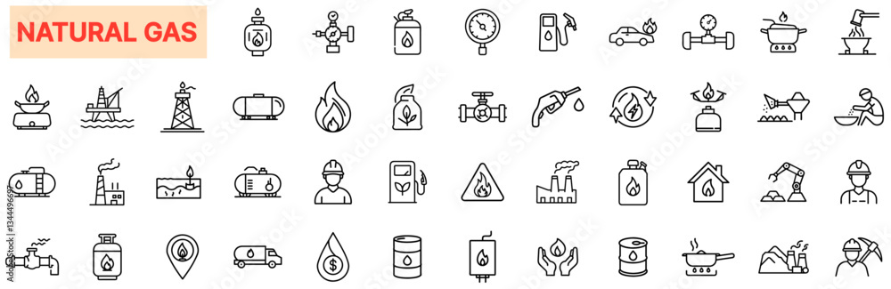 Natural Gas Line Icons, Energy Production, Gas Pipeline, Fuel Industry, LPG, Propane, Extraction, Refinery, Gas Storage, Sustainable Energy, Power Supply Natural Gas Line Icons, Energy Production, Gas Pipeline, Fuel Industry, LPG, Propane, Extraction, Refinery, Gas Storage, Sustainable Energy, Power Supply
