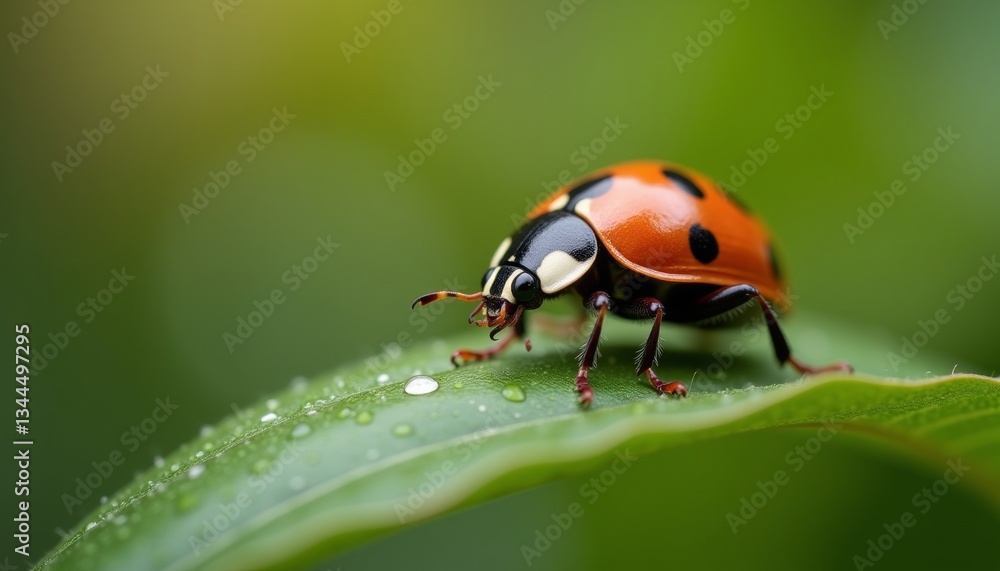 Macro shot of a ladybug on a green leaf with water droplets in a natural environment. Macro shot of a ladybug on a green leaf with water droplets in a natural environment.