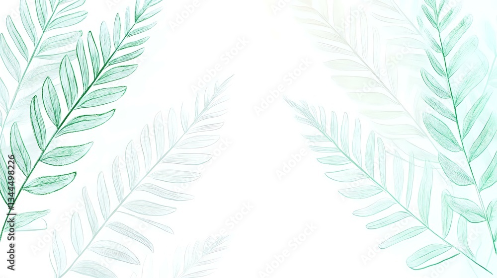 Fototapeta Delicate mint green watercolor palm leaves arranged in symmetrical pattern on white background, creating soft tropical botanical frame. Suitable for wedding stationery.