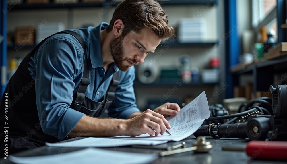 Mechanic reading repair manual in workshop, surrounded by tools, soft lighting creating atmosphere of concentration and focus
Mechanic reading repair manual in workshop, surrounded by tools, soft lighting creating atmosphere of concentration and focus