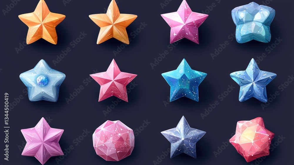 Colorful geometric star shapes arranged in a grid on a dark background Colorful geometric star shapes arranged in a grid on a dark background