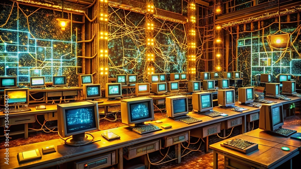 Obraz premium Vintage Cyber Hacker: Retro Tech, Digital Intrusion, Data Breach, Network Security, Encrypted Code