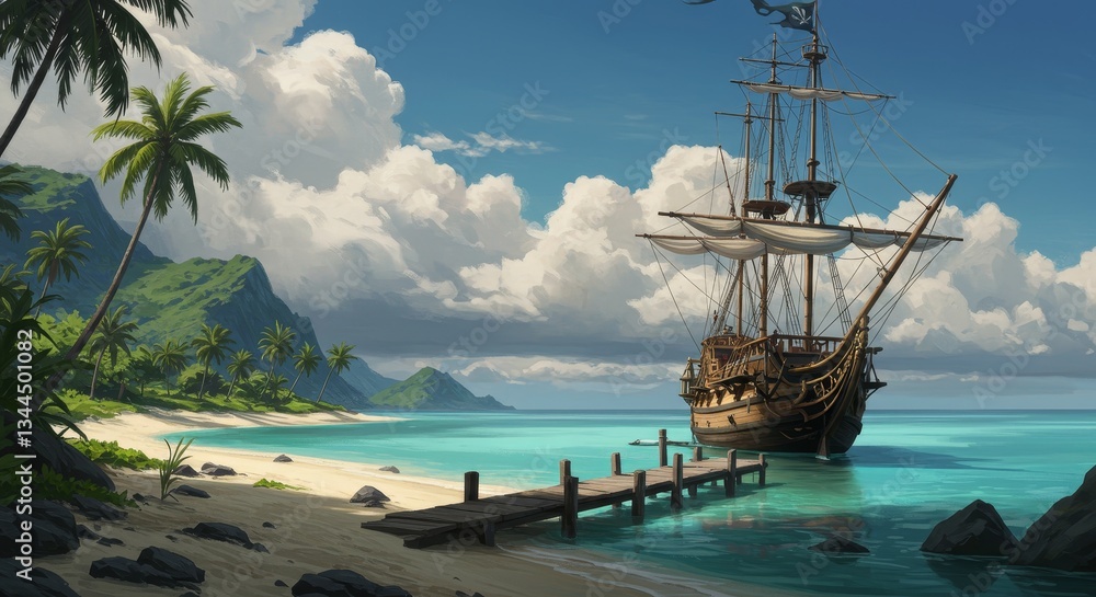 Naklejka premium Tropical Island Haven: Pirate Ship at Anchor - A majestic pirate ship rests peacefully at anchor in a tropical paradise. The scene symbolizes adventure, escape, serenity, treasure, and history