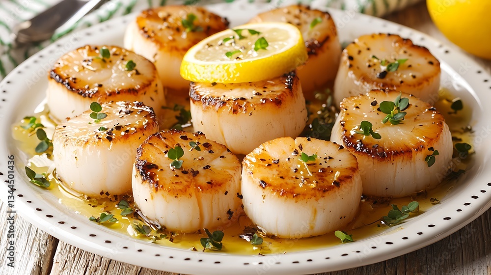 Seared scallops with lemon and herbs. A plate of golden-brown, perfectly seared scallops, glistening with oil, seasoned with herbs and a touch of lemon Seared scallops with lemon and herbs. A plate of golden-brown, perfectly seared scallops, glistening with oil, seasoned with herbs and a touch of lemon