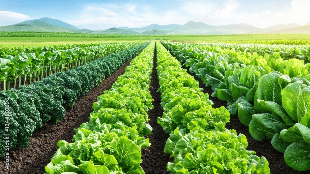Fototapeta premium Lush Green Vegetable Fields Under Bright Sunlight in Landscape