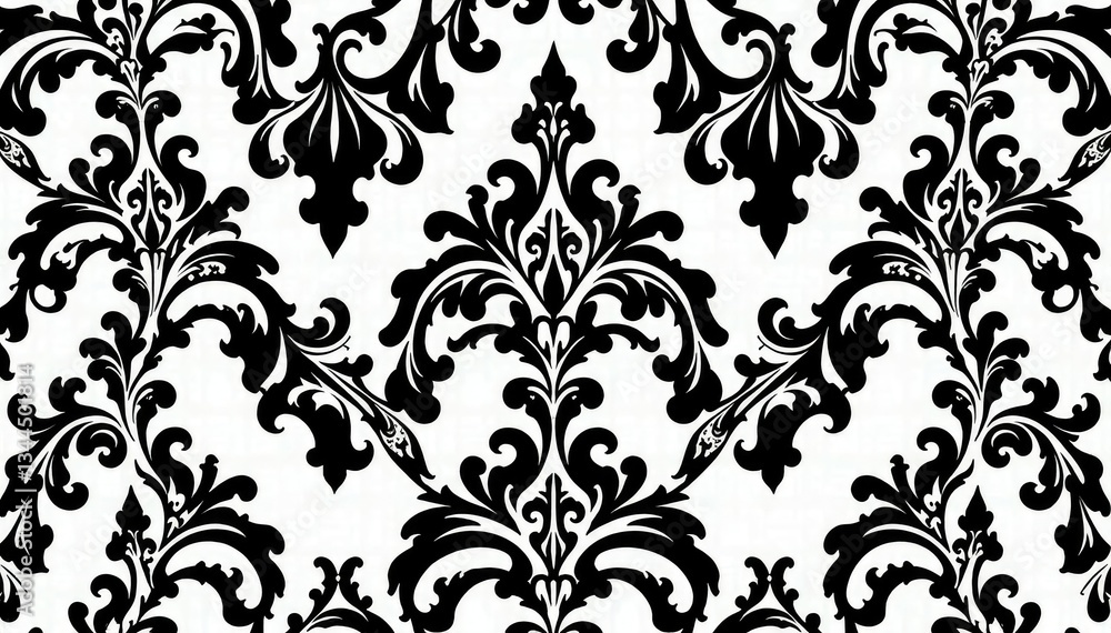 Bold, swirling damask pattern with high contrast, black and white, clean, black Bold, swirling damask pattern with high contrast, black and white, clean, black