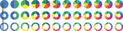 Circle pie chart diagram. Set of pie charts diagrams. Pie chart divided 2, 3, 4, 5, 6,7, 8, 9, 10, 11, 12. equal parts. Circle section graph. Different color circles. Colorful diagram graphs.