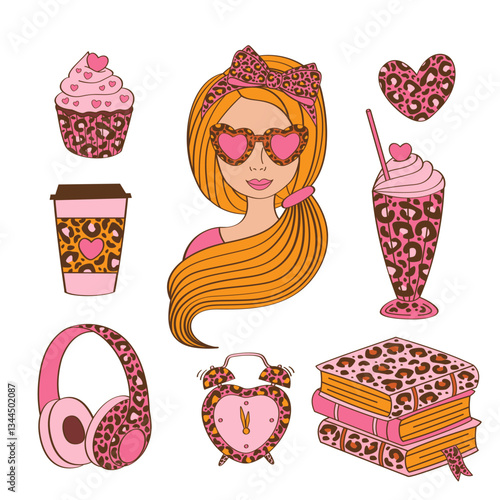 set of isolated girl, leopard books, cupcake, milkshake, coffee, headphones, 