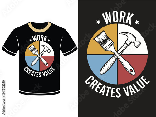 A graphic design for a black t-shirt displaying a circular emblem with crossed paintbrush and hammer icons