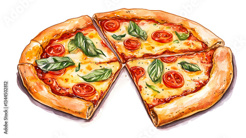 Authentic Watercolor Italian Pizza Cartoon Illustration for Culinary Design Projects