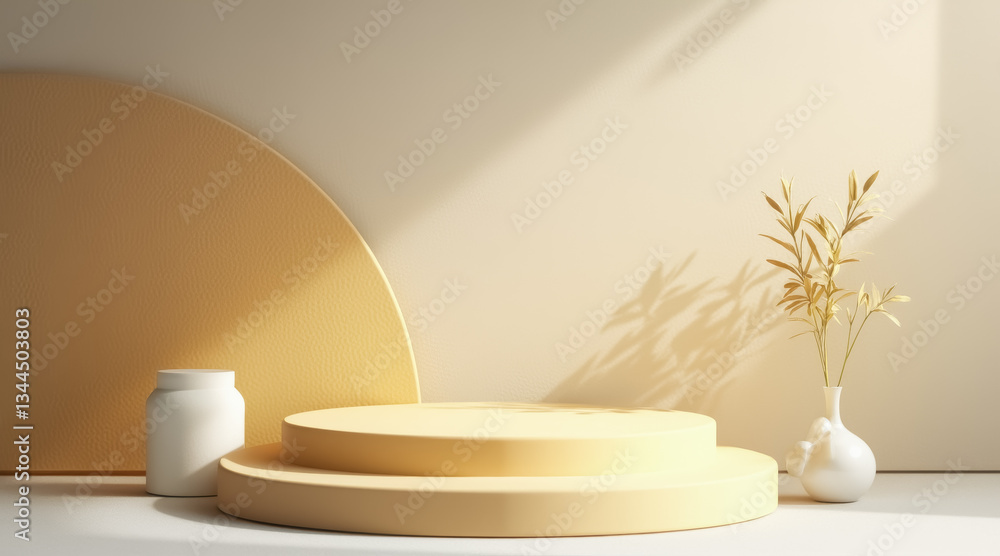 two-tiered pale yellow display stand with white container in minimalist setting two-tiered pale yellow display stand with white container in minimalist setting