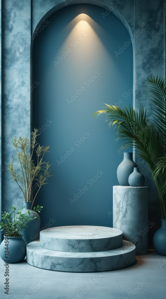 two-tiered marble display stand with greenery and vases in a serene setting