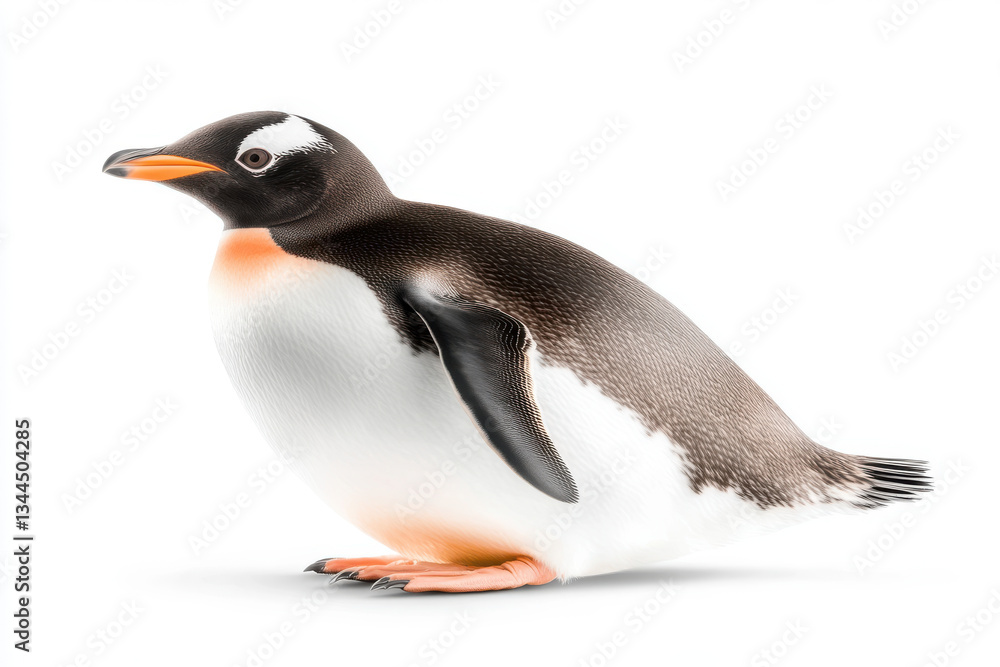 Naklejka premium Realistic gentoo penguin with white and brown plumage standing upright with flippers slightly extended on an isolated white background
