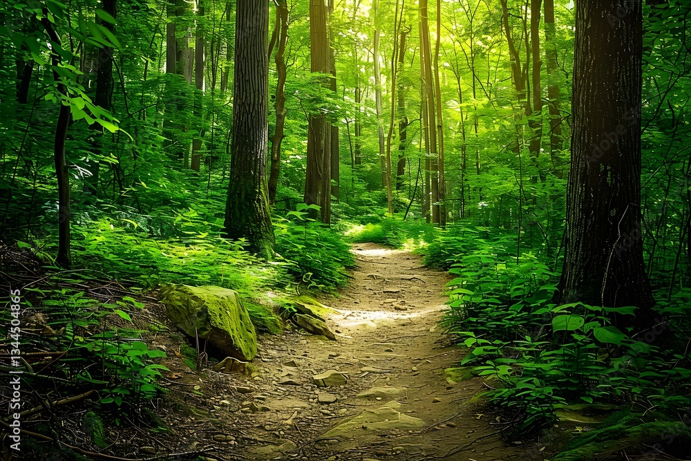 Obraz premium Path Through Lush Green Forest with Sunlight - Tranquil Nature Scene