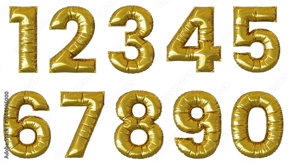 Golden foil balloons shaped as numbers 0 1 2 3 4 5 6 7 8 9 with a reflective metallic finish, perfect for festive and celebratory designs on a transparent background, realistic 3d render, inflated Golden foil balloons shaped as numbers 0 1 2 3 4 5 6 7 8 9 with a reflective metallic finish, perfect for festive and celebratory designs on a transparent background, realistic 3d render, inflated