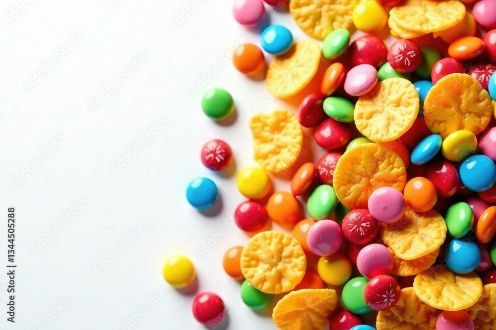 Obraz premium Pile of colorful candy, chips, and soda on white , soda, studio shot, cherry