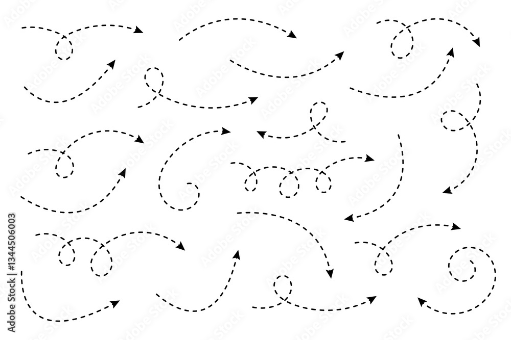 Curved dotted arrow. Collection of curved hand drawn arrows. Zigzag arrow stripes design with dotted lines. Curved dotted arrow. Collection of curved hand drawn arrows. Zigzag arrow stripes design with dotted lines.