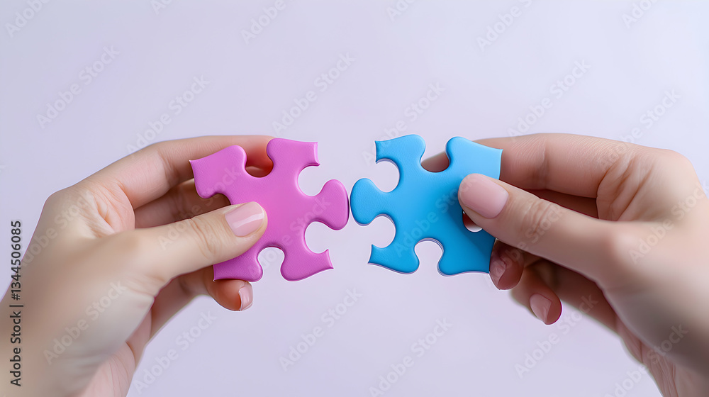 Two Hands Connecting Pink and Blue Puzzle Pieces Two Hands Connecting Pink and Blue Puzzle Pieces