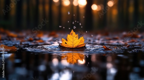 Golden leaf splashing in a puddle