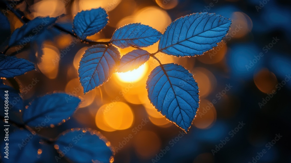 Blue leaves backlit by warm sunset bokeh. Blue leaves backlit by warm sunset bokeh.