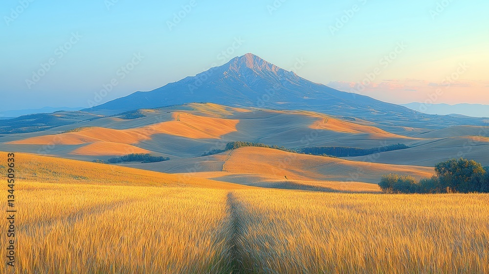 Fototapeta premium Golden wheat field path leading to majestic mountain at sunset.