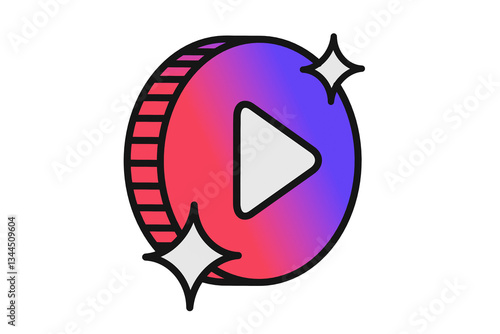 Shining Play Icon: A vibrant play button icon, featuring a gradient of colors and sparkling starbursts, is a dynamic symbol representing multimedia content and digital entertainment. 