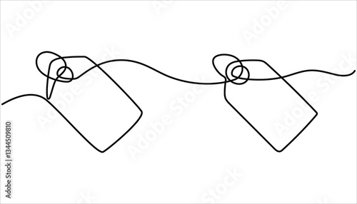 Prize tag continuous one line drawing. Red blank prize tag continuous one line drawing vector illustration. Sale label, one line art, continuous contour drawing,  hand-drawn discount tag.